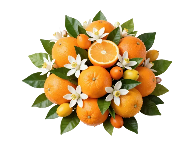 Fresh oranges with blossoms and leaves arrangement
