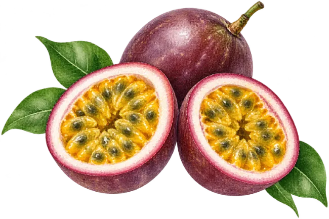 Fresh Passion Fruit Cut in Half Watercolor Illustration