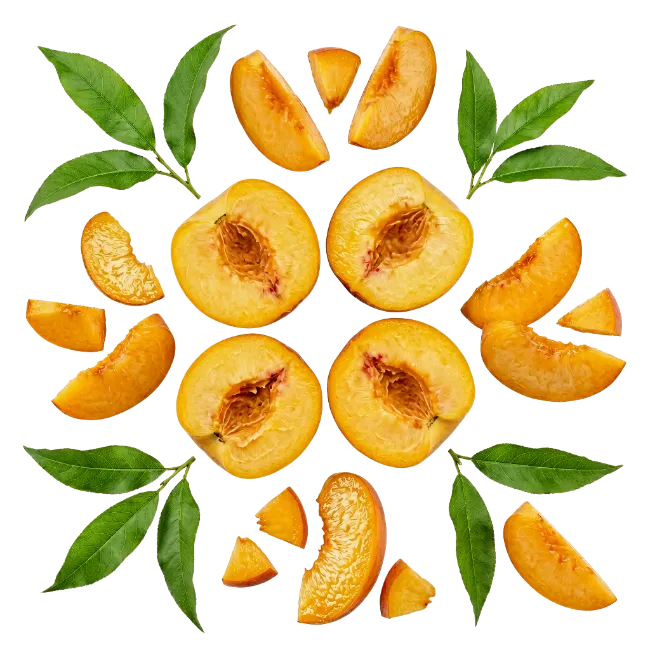 Fresh Peaches with Leaves Arranged Pattern