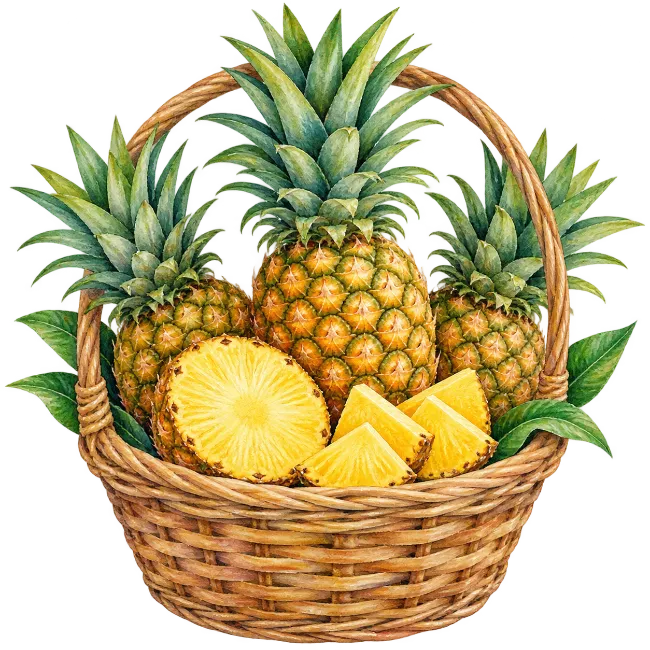 Fresh pineapples in a wicker basket