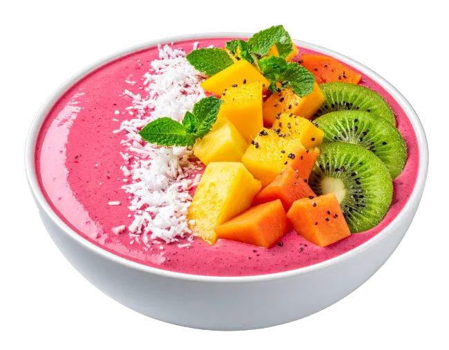Fresh Pink Smoothie Bowl with Fruit and Coconut