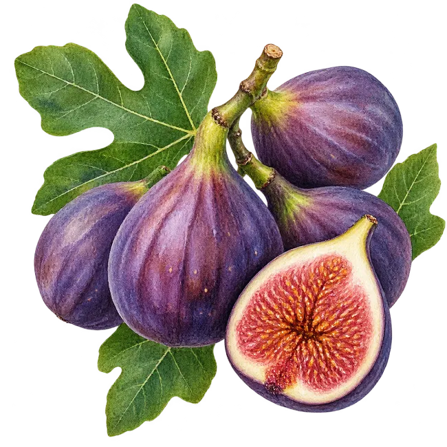Fresh Purple Figs and Leaves Watercolor Illustration