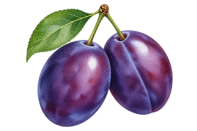 Fresh Purple Plums with Green Leaf