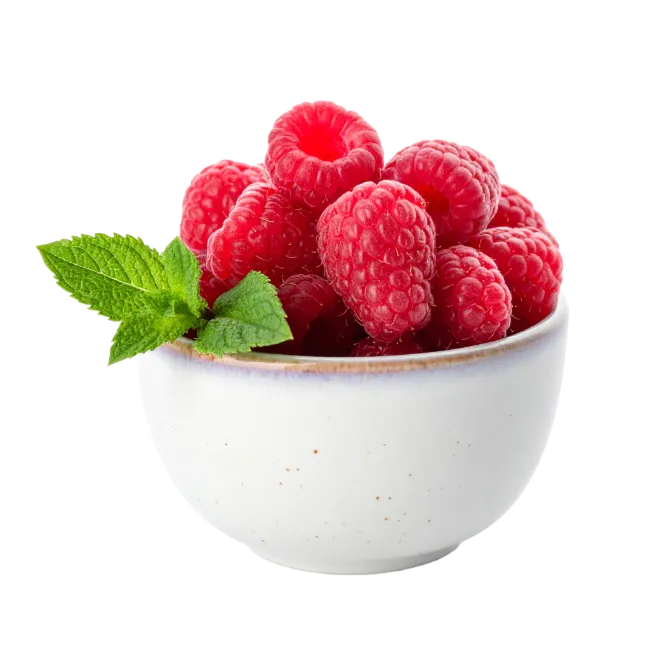 Fresh Raspberries in a White Ceramic Bowl