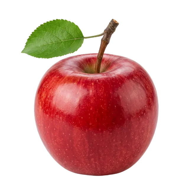 Fresh Red Apple with Stem and Green Leaf