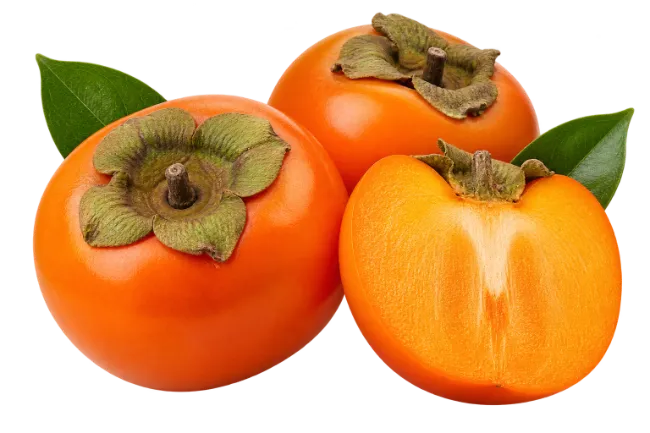 Fresh Ripe Persimmon Fruits with Leaves