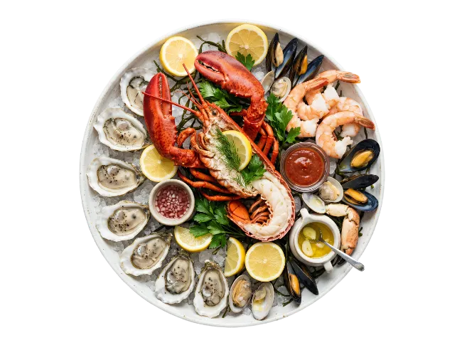 Fresh seafood platter with lobster and oysters on ice