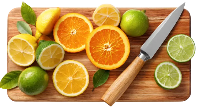 Fresh sliced citrus fruits on wooden cutting board