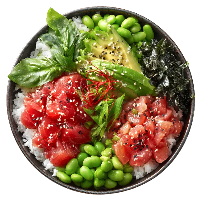Fresh Tuna Poke Bowl with Rice and Avocado