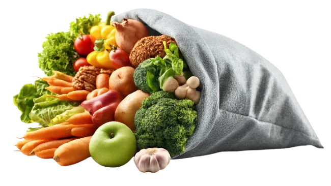Fresh Vegetables Overflowing from a Grey Bag
