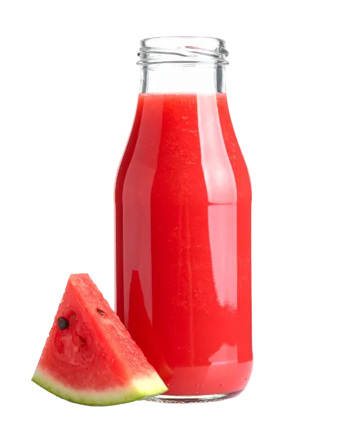 Fresh watermelon juice in glass bottle with slice
