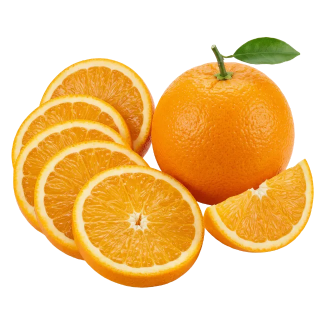 Fresh whole and sliced oranges with green leaf