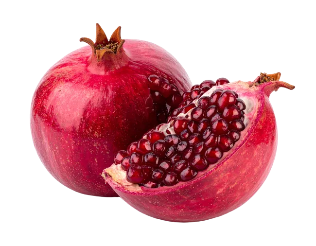 Fresh whole and sliced red pomegranates