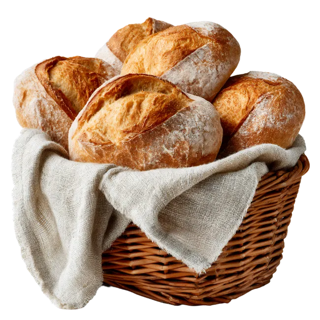 Freshly baked artisan bread loaves in a woven basket