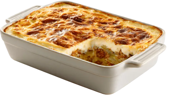 Freshly Baked Lasagna in White Ceramic Casserole Dish