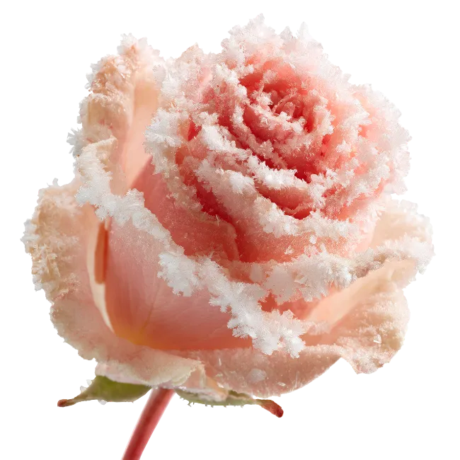 Frost-covered pink rose flower