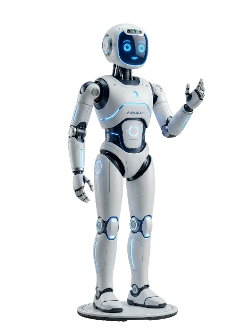 Full Body White Humanoid Robot with Glowing Blue Lights