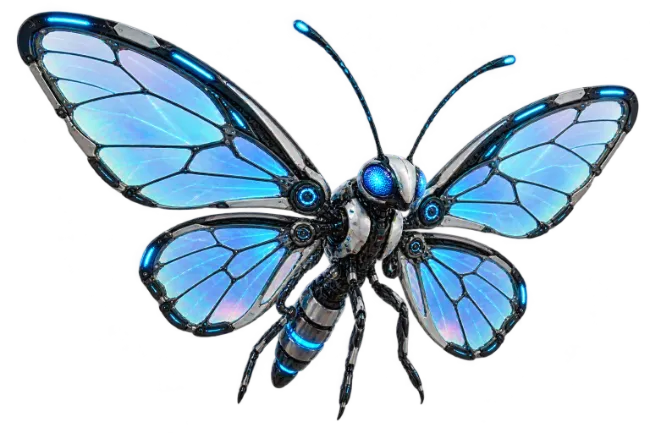 Futuristic Cybernetic Butterfly with Glowing Blue Wings