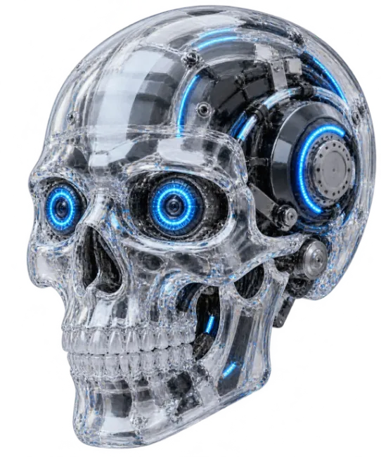Futuristic Cybernetic Skull with Glowing Blue Eyes