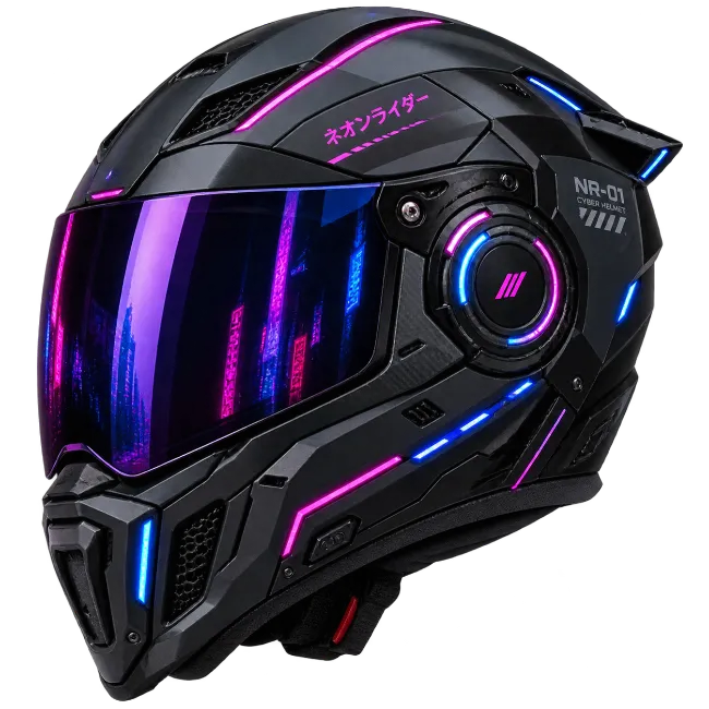 Futuristic Cyberpunk Motorcycle Helmet with Glowing Neon Lights