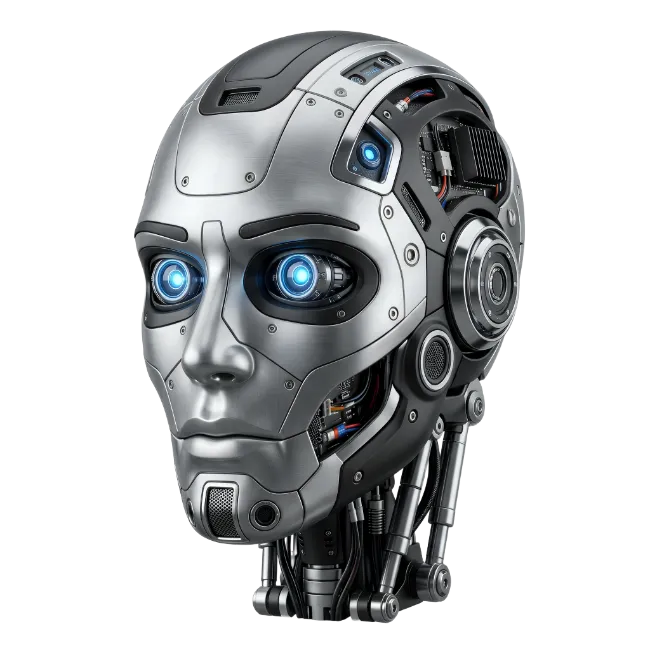Futuristic Cyborg Robot Head with Glowing Blue Eyes