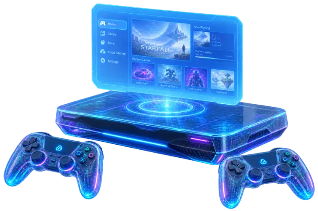 Futuristic Gaming Console with Holographic Interface and Controllers
