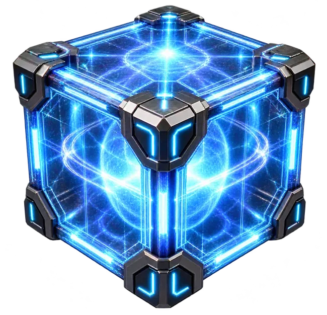 Futuristic Glowing Blue Energy Cube with Metallic Framework