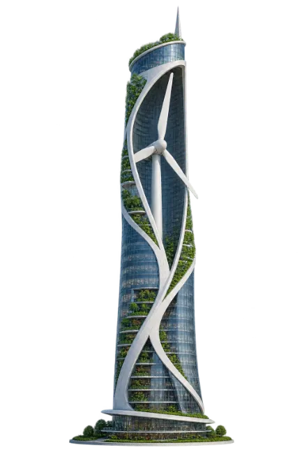 Futuristic Green Skyscraper with Wind Turbine