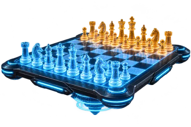 Futuristic Holographic Chess Board with Glowing Pieces