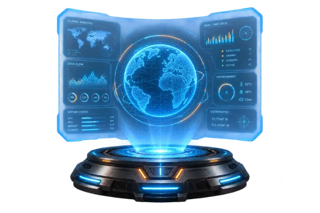 Futuristic Holographic Globe Console with Data Screens
