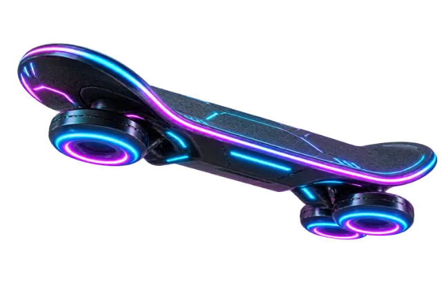 Futuristic Hoverboard with Glowing Blue and Pink Neon Lights