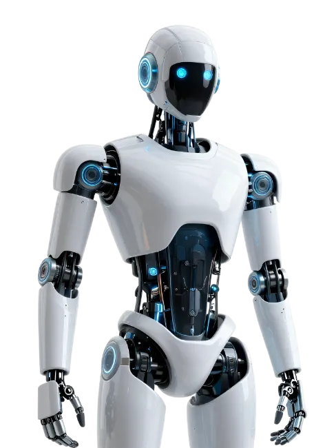 Futuristic humanoid white robot with glowing blue eyes