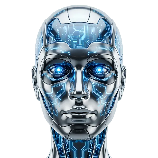 Futuristic Metallic Android Head with Glowing Blue Circuits