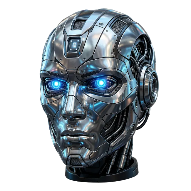 Futuristic Metallic Cyborg Robot Head with Glowing Blue Eyes