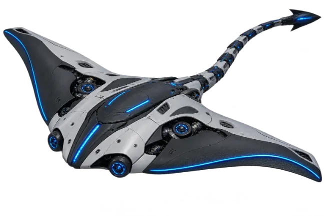 Futuristic robotic manta ray with glowing blue lights