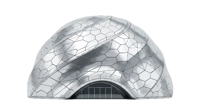 Futuristic silver dome building with hexagonal pattern