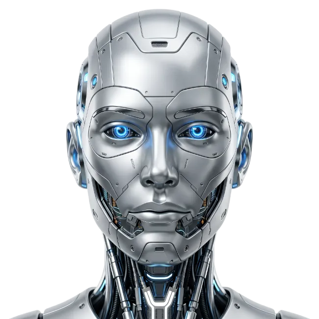 Futuristic Silver Robot Head with Glowing Blue Eyes