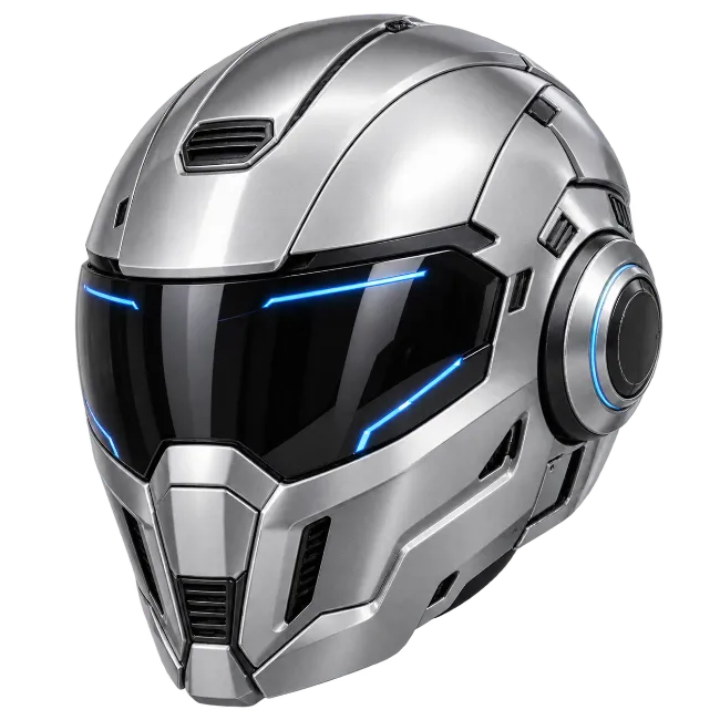 Futuristic Silver Sci-Fi Helmet with Glowing Blue Visor