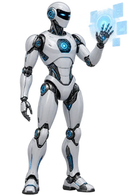 Futuristic white humanoid robot with holographic interface
