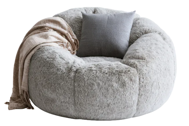 Fuzzy Grey Bean Bag Chair with Pillow and Throw