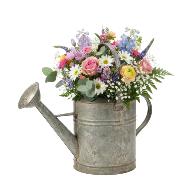 Galvanized Watering Can Filled With Flowers