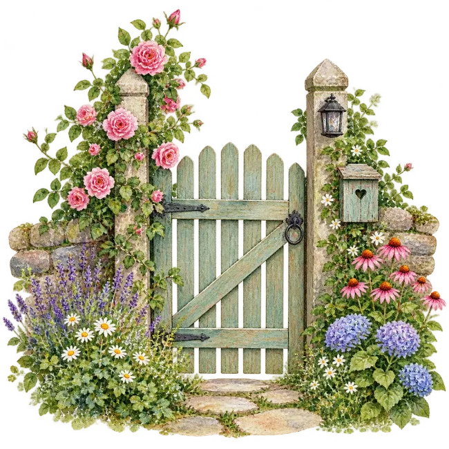 Garden Wooden Gate with Flowers and Stone Pillars