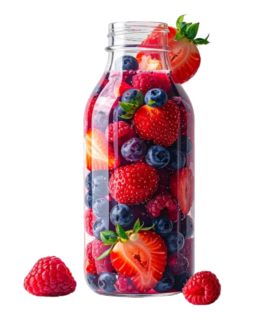 Glass bottle filled with fresh mixed berries