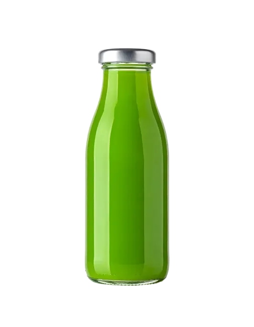 Glass bottle filled with vibrant green juice