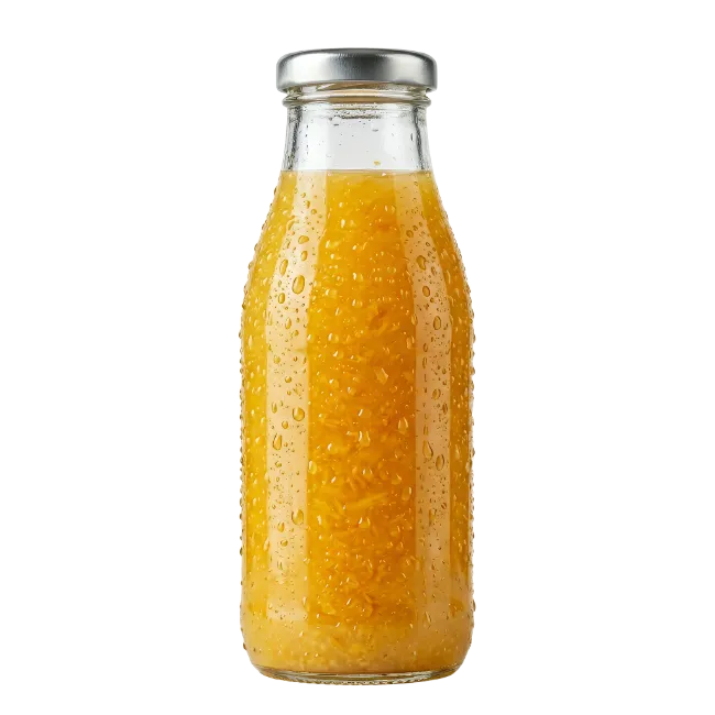 Glass bottle of orange juice with condensation drops