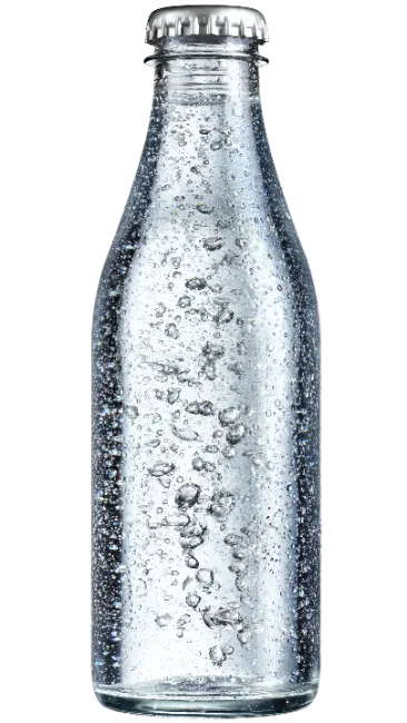 Glass bottle of sparkling water with bubbles
