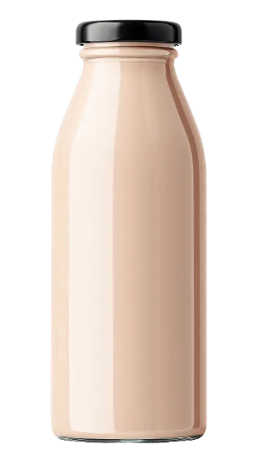 Glass Bottle With Beige Liquid And Black Cap
