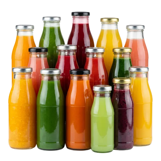 Glass Bottles Filled With Assorted Fruit Juices And Smoothies