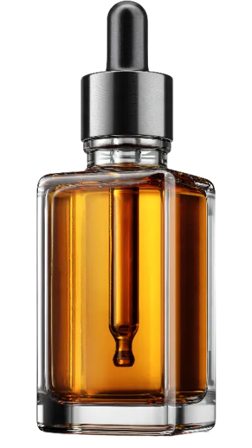 Glass dropper bottle with amber liquid