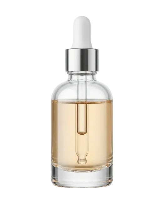 Glass dropper bottle with golden liquid serum